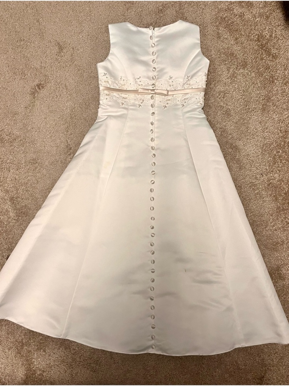 David's Bridal Ivory Satin Girls Formal Dress with Floral Waistband and Bow - Picture 4 of 8